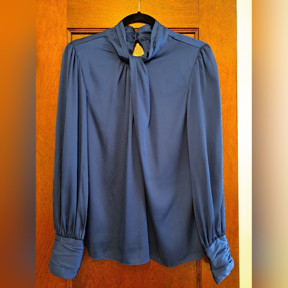 Chic Blue Women's Blouse with Tie Neck
